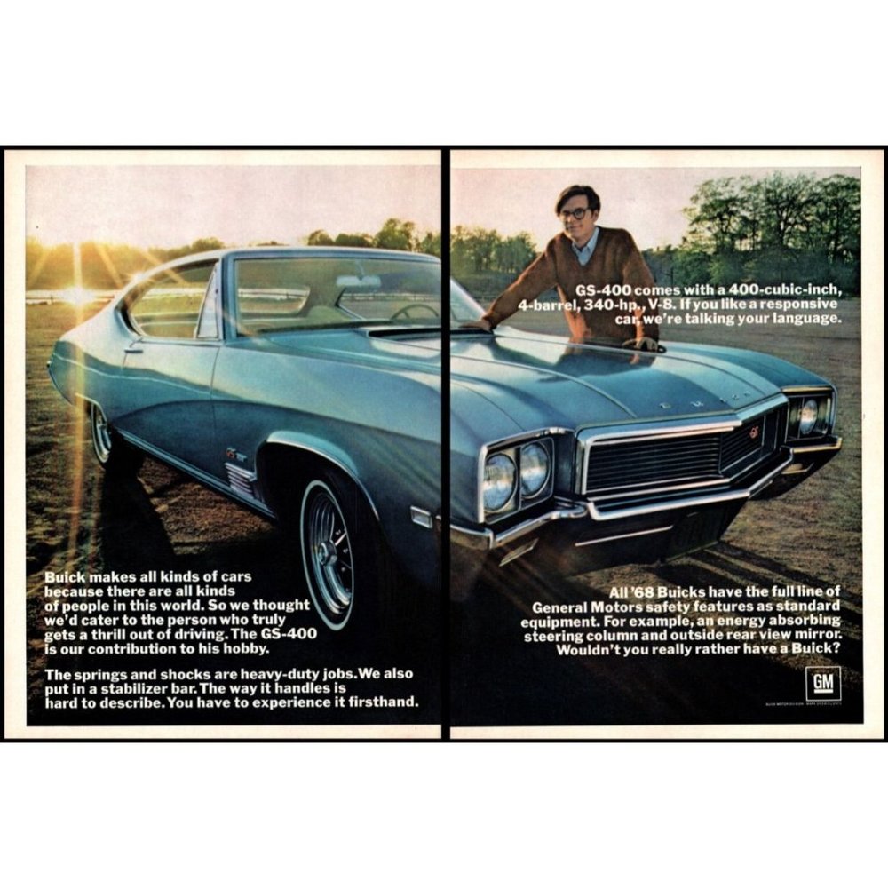 1968 Buick GS-400 Gran Sport Coupe 2 Page Vintage Print Ad Sunset Wall Art